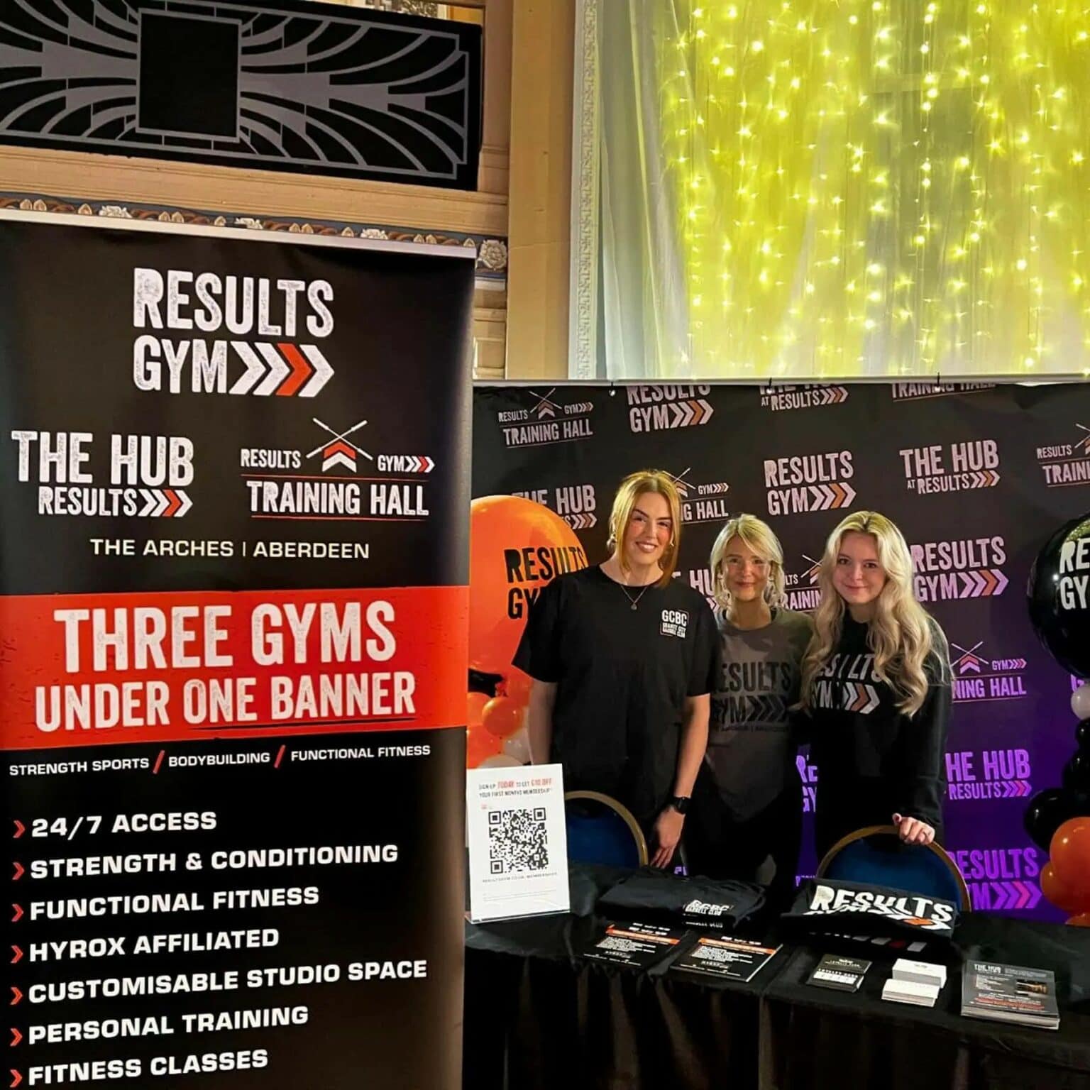 Results Gym Aberdeen at the 2024 Granite City Bodybuilding show with a roller banner, backdrop and leaflets