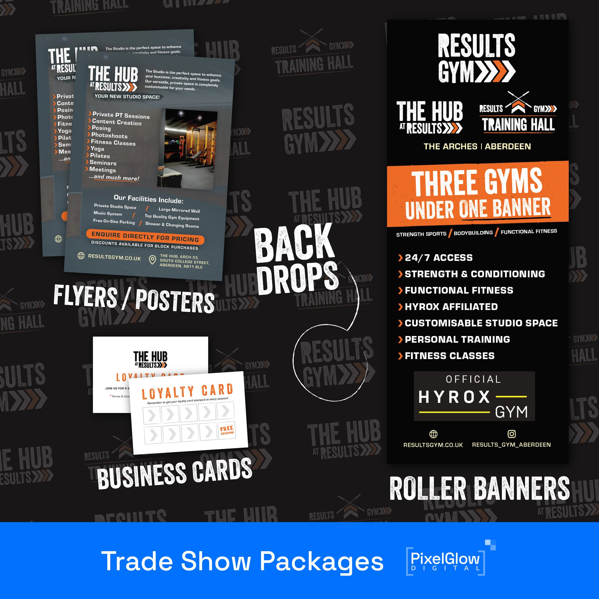 An illustration showing Results Gym Aberdeen branded printed designs for flyers, loyalty cards, back drops and roller banners