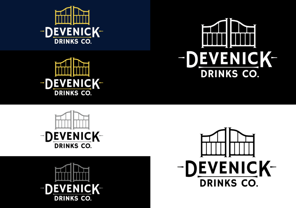 Various Devenick Drinks Co. logos in different colour schemes