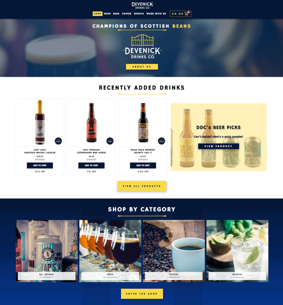 Screen capture of Devenick Drinks Co. website homepage