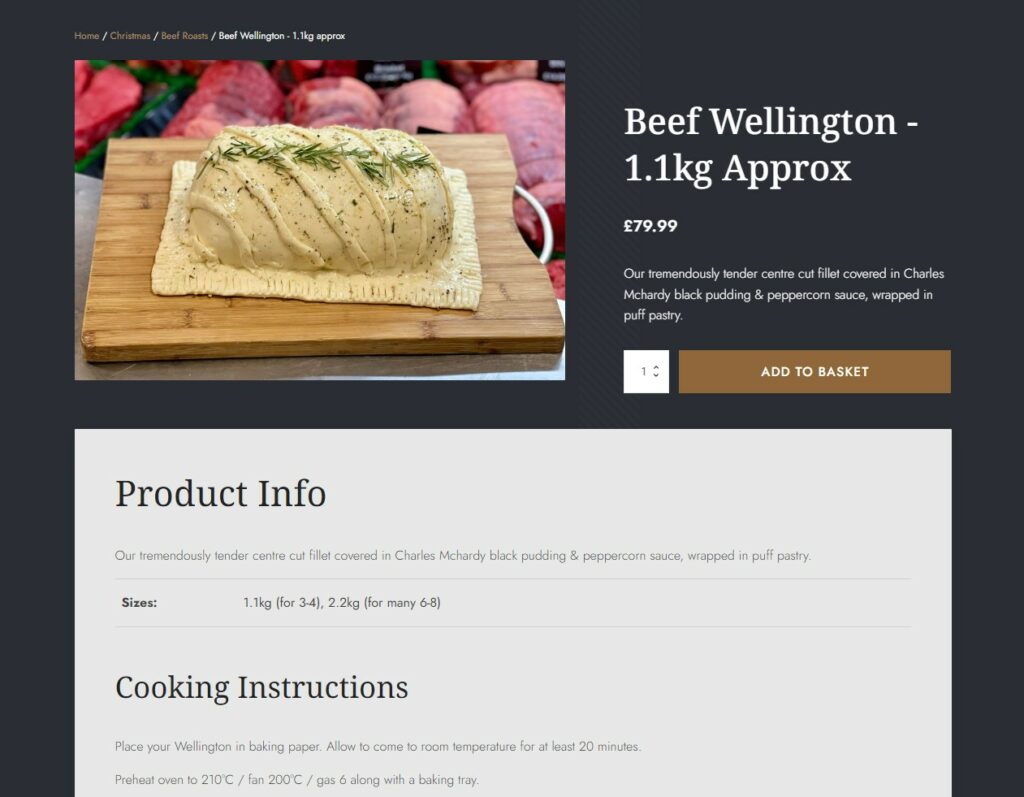 An example product page (beef wellington) on the e-commerce system