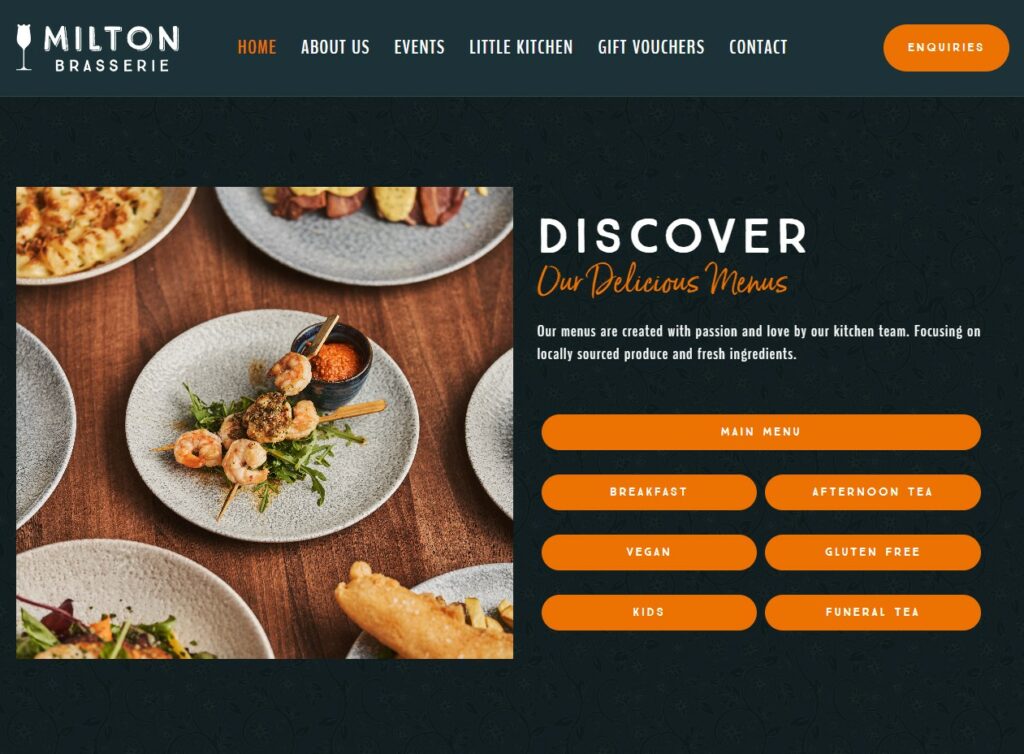 Homepage of the Milton Brasserie Website