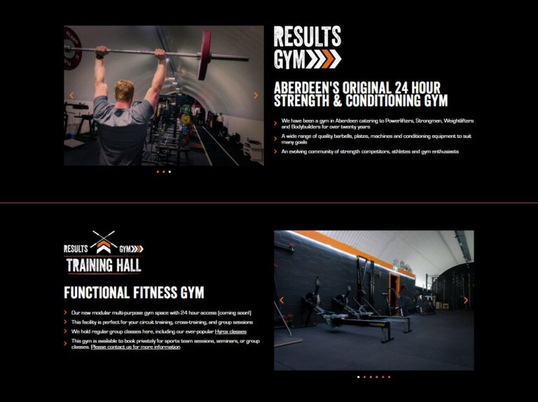 Screenshot of the facilities page which outlines the offerings of Result's 3 different gyms