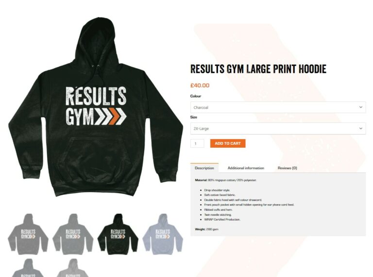 Results Gym E-Commerce screenshot of a hoodie product