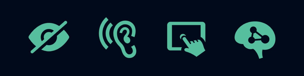 Web accessibility categories represented by symbols- sight, hearing, touch and cognitive